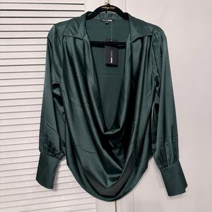 Hunter Green Plung neckline Satin Blouse with Cuffs